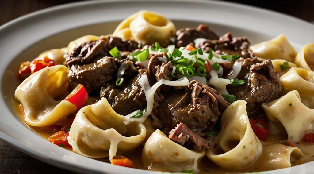 cheesesteak tortellini in rich provolone sauce